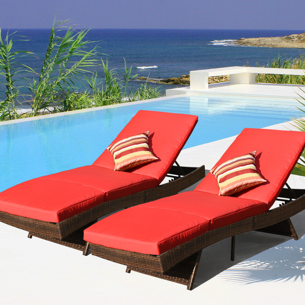 Set of 2 Patio Outdoor Adjustable Resin Wicker Long Chaise Lounge Chair Set with Cushions and 2 Throw Pillows (Red) - image 1 of 8