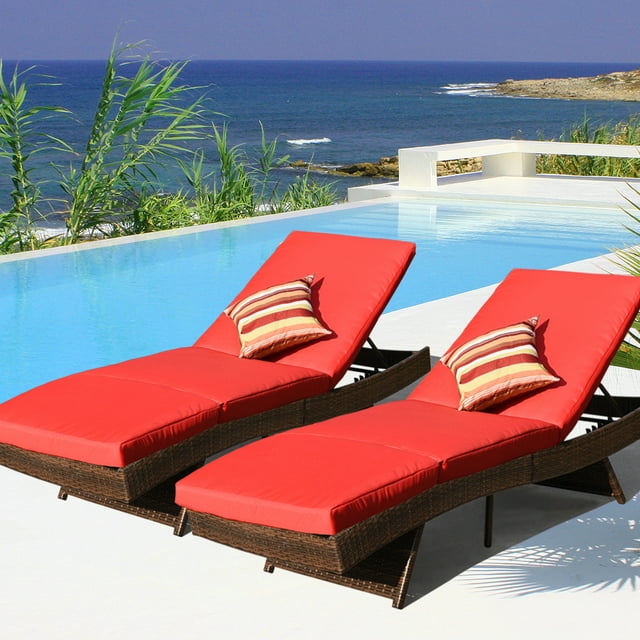 Set of 2 Patio Outdoor Adjustable Resin Wicker Long Chaise Lounge Chair Set with Cushions and 2 Throw Pillows (Red)