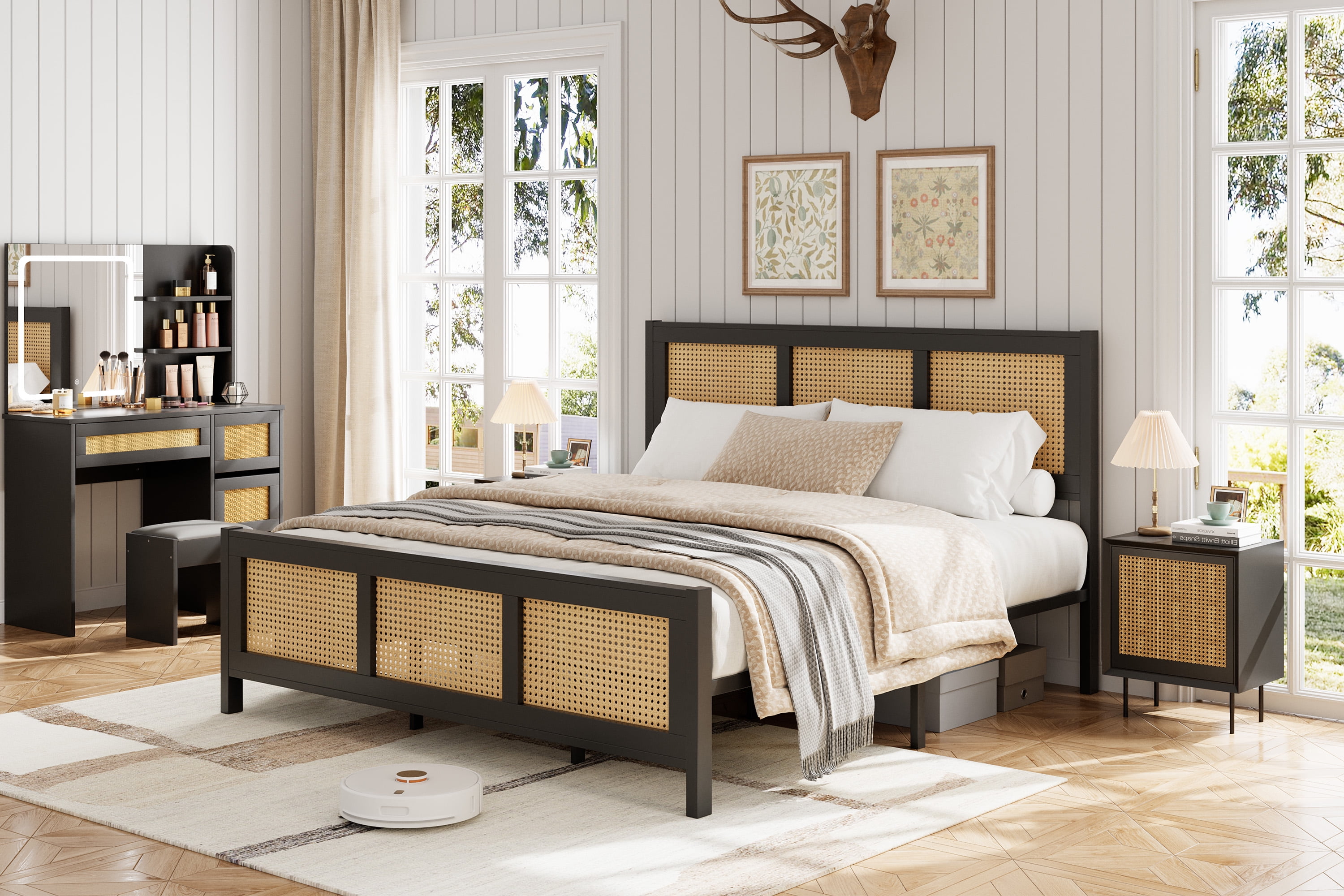 Queen Size Bed Frame with Headboard - Boho Rattan Platform Bed Frame with Reinforced Metal Slats | No Box Spring Required | Sturdy Noise-Free Design for Quiet Sleep | Easy Assembly Modern Bedroom Furn