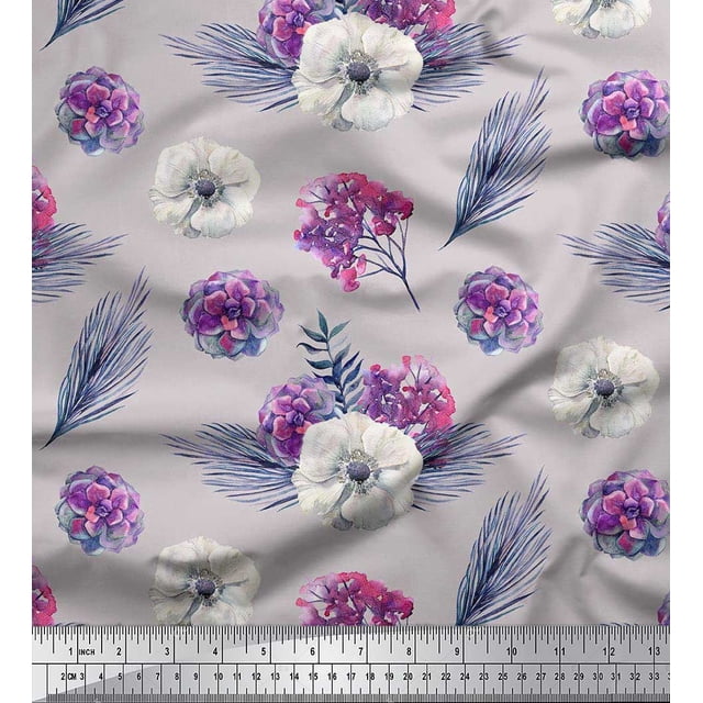 Soimoi Rayon Fabric Leaves,Succulent & Anemone Flower Printed Fabric 1 Yard 56 Inch Wide