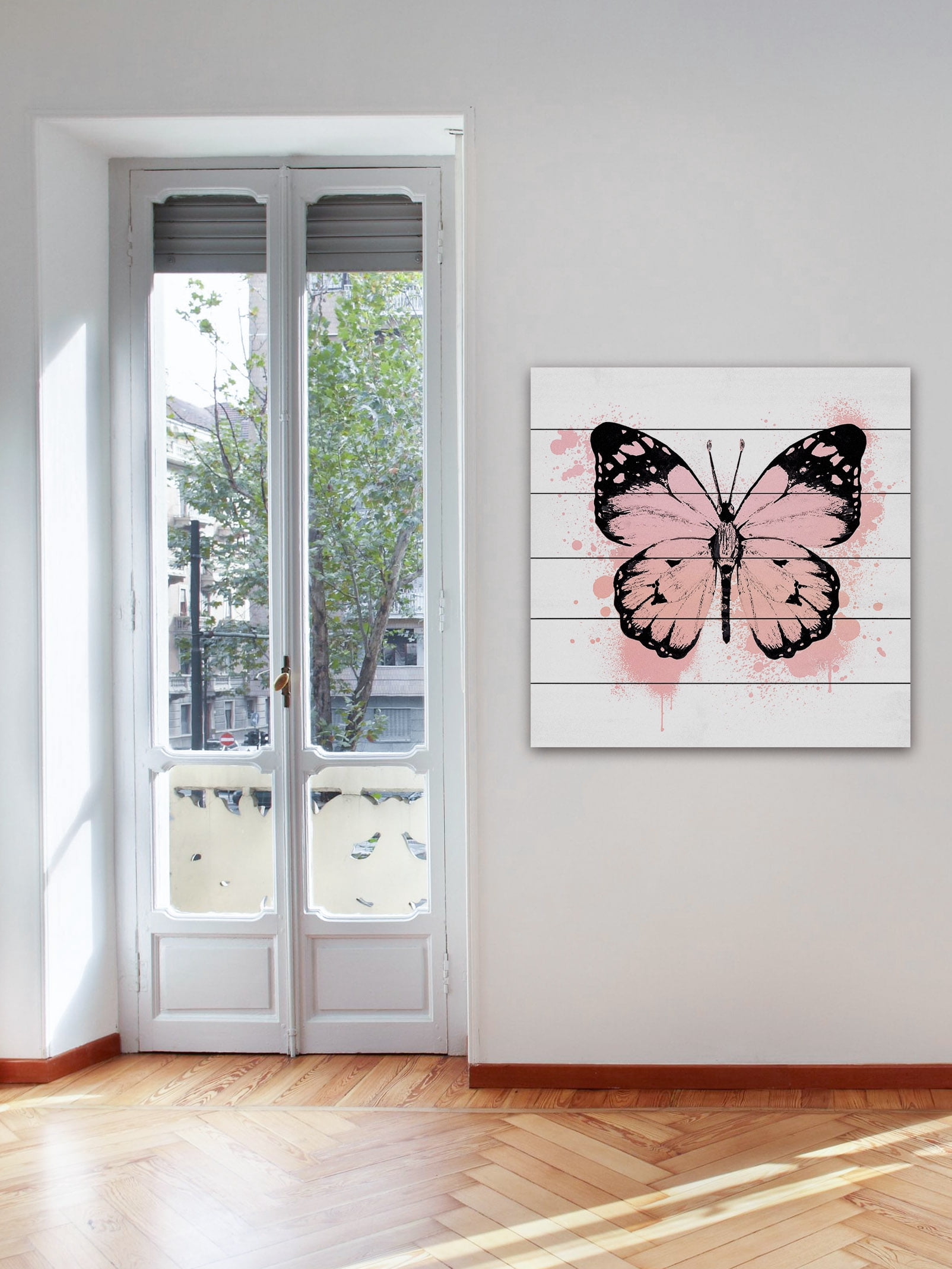 "Butterfly Black Peach" Painting Print on White Wood