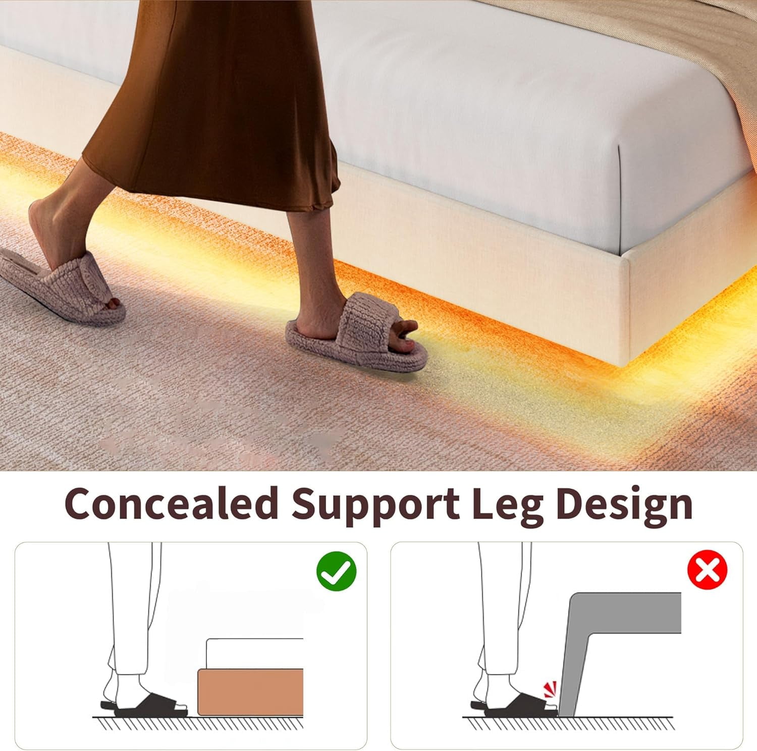 King Size Floating Metal Bed Frame with RGB LED Lights and Charging Station, Upholstered Platform Bed with Storage Headboard and Button Tufted Design, No Box Spring Needed