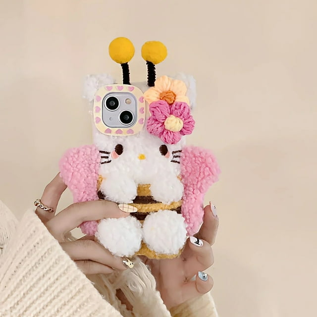 Plush Hello Kitty Phone Case Cartoon Bee Sanrio Iphone15 14 13 12 11 Pro Max Phone Case Cute 3D Winter Warm Shockproof Drop Case RJ