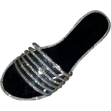 

XWQWJH Women s Rhinestone Flat Sandals Slide Summer Glitter Bling Casual Sandal Open Toe Dressy Slip on Outdoor Slides
