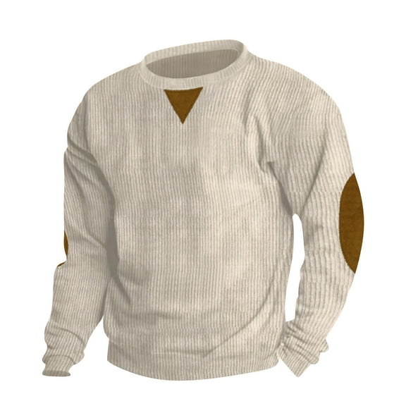 Mens Casual Corduroy Sweater with Unique Triangular Applique and Round Reinforced Elbow Patches Beige M