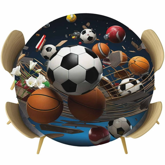Sports Theme Round Fitted Table Cover Football Basketball Baseball Rugby Waterproof Table Cloth with Elastic Edge Wipeable Tablecloth for Picnic Camping Party Fits 36"-44" Diameter