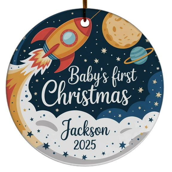 Baby's First Christmas 2025 Rocket Boy Ornament, Outer Space Gift for Newborn, Circle Christmas Ornament, Xmas 2025 Keepsake, Unique Xmas Gift, Christmas Ornament Decoration