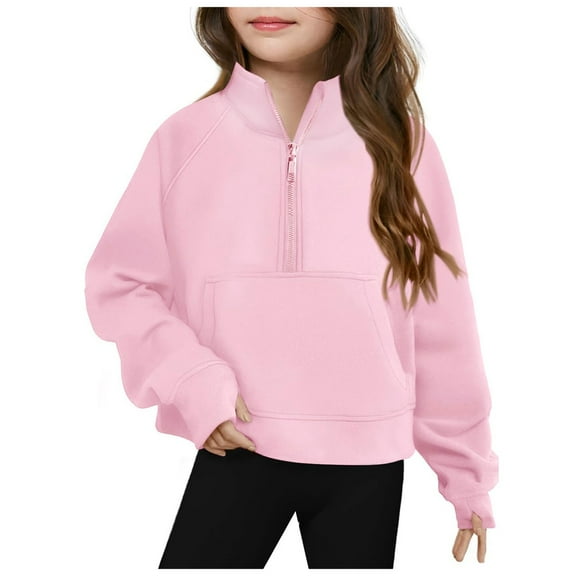 Sopiago Toddler Girl Sweatshirts Long Sleeve Pullover Crop Tops Kids Lightweight Fleece Fashion Winter Half Zip Sweatshirt Light Pink,6-7 Years