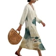 thumbnail image 3 of DISNIMO Flower Print Maxi Dresses for Women Imitation Linen Loose 3/4 Sleeve Midi Dress Casual V Neck Dress Fashion Long Dresses, L, 3 of 6