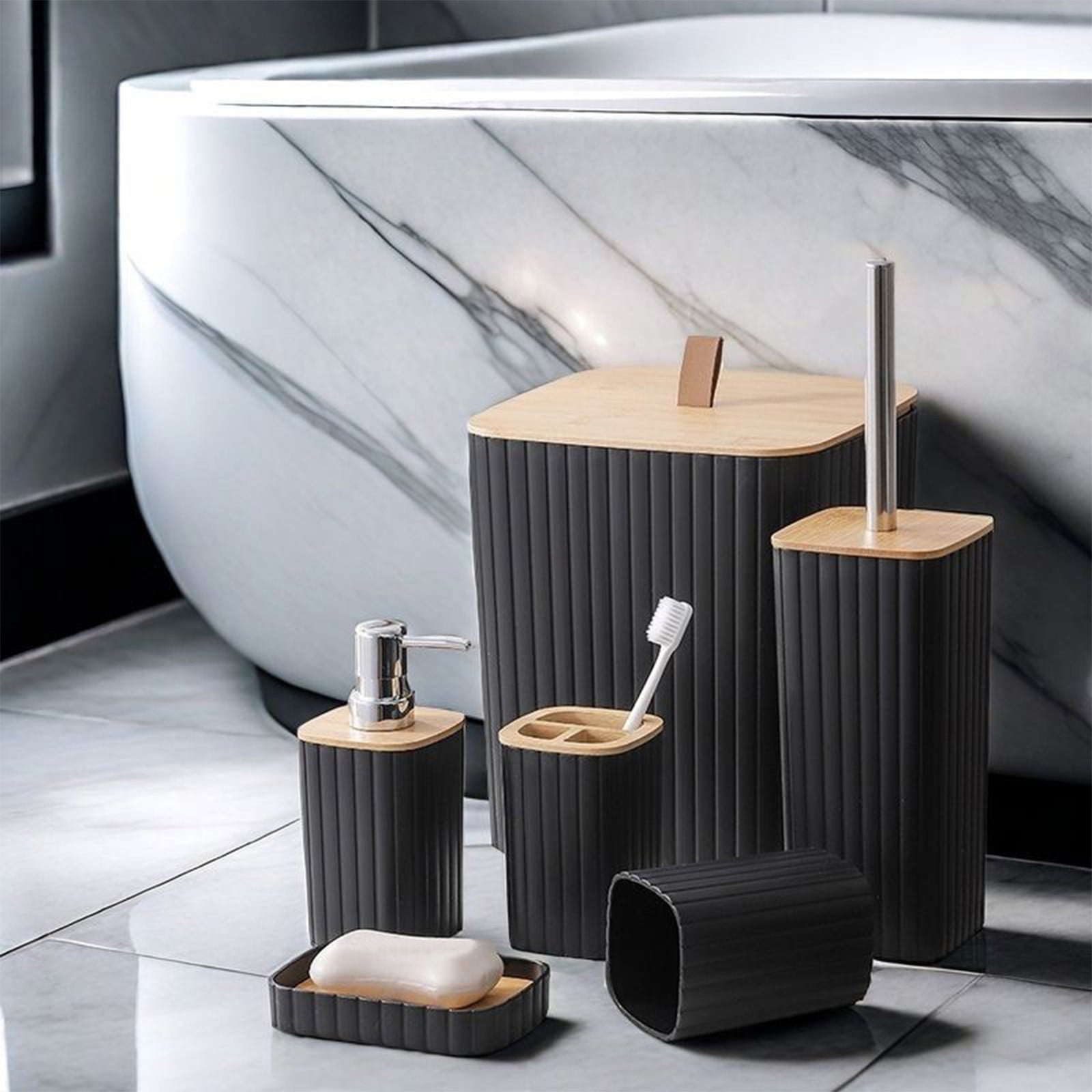 Kraoden 6 Pcs Bathroom Accessory Set, Plastic Bathroom Accessories with Toilet Brush, Soap Dispenser, Trash Can & Toothbrush Holder, Elegant Bathroom Decor