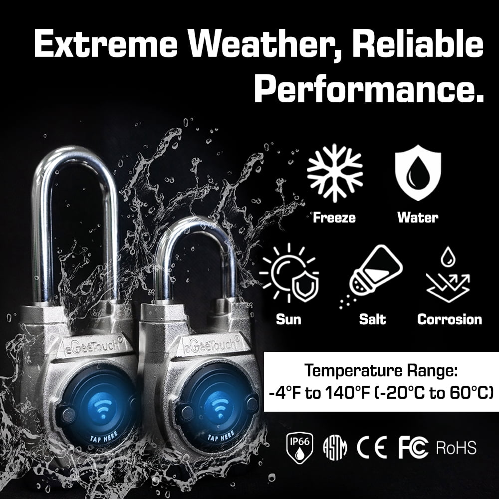 eGeeTouch Outdoor Smart Padlock - with Bluetooth & NFC, 5th Gen, Long shackle