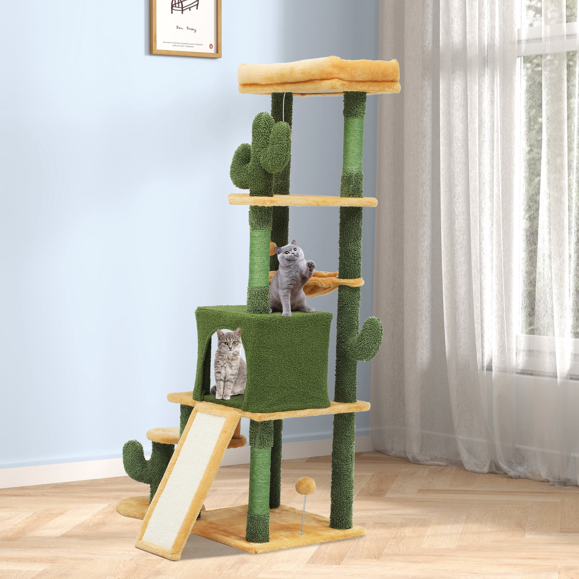 Dextrus 60" Tall Cactus Cat Tree Tower for Indoor Cats, Large Cat Condo with Self-Grooming Brush, Perch, Basket, Sisal Scratching Posts, and Toy Balls,Green