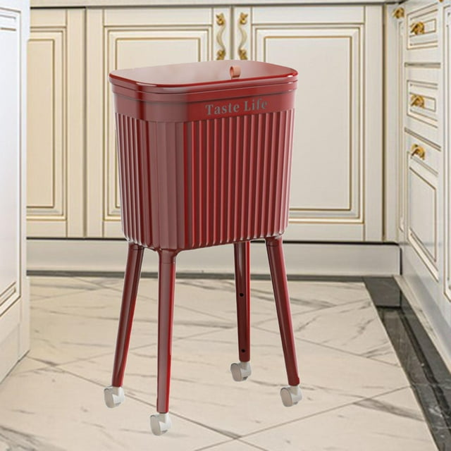 Bote de Basura Alto con Ruedas Papelera Alta Portátil con Tapa Deslizante Cubo para Residuos Compacto Y Grande Depósito Organizador con Ruedas Estruct rojo