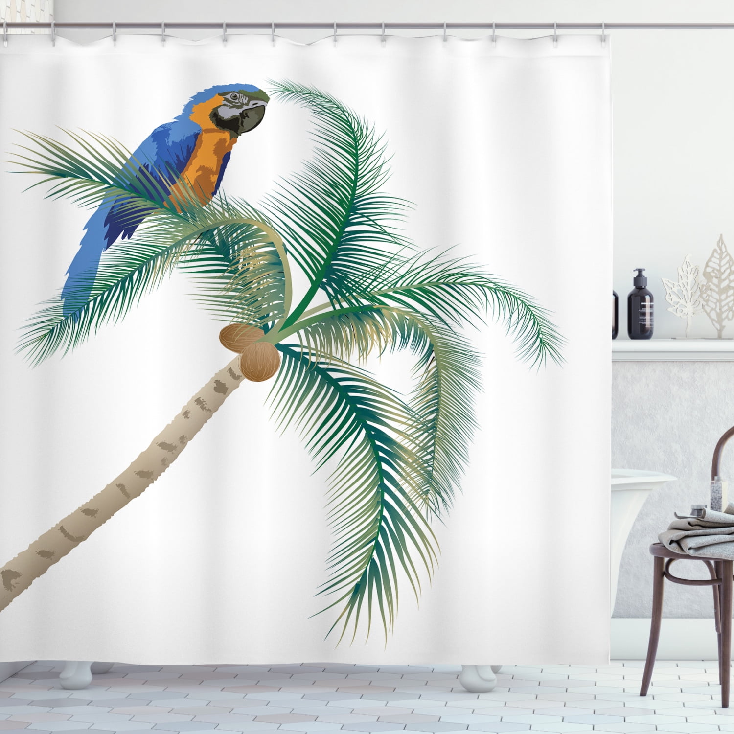 Bathroom Shower Curtain Polyester Fabric Waterproof jungle Color Macaws & 12Hook 