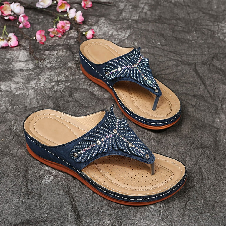 Hvyesh Womens Sandals Flip Flops for Women with Arch Support Cushion Summer  Casual Rhinestone Wedge sandal Shoes Dark Blue US 6.5 