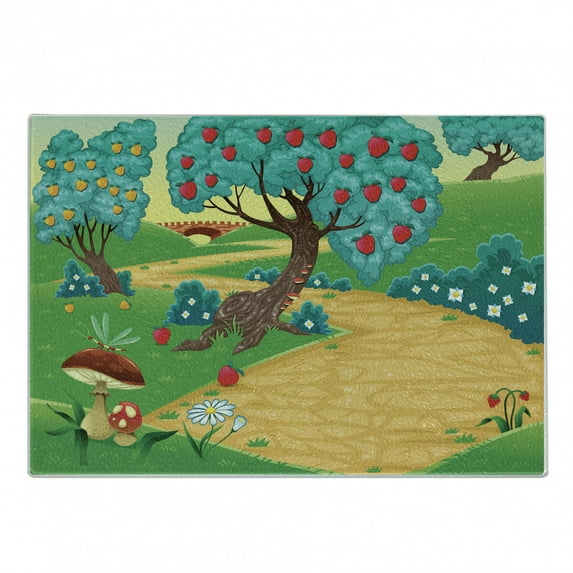 Spring Cutting Board, Greeny Spring Lanscape with Mushrooms Dragonfly Strawberry Fruit Trees of Apple, Decorative Tempered Glass Cutting and Serving Board, Small Size, Multicolor, by Ambesonne