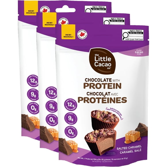 The Little Cacao Co. - Mini Protein Cups, with Cocoa Nibs - High Protein (12g) Snack, 9g Fibre, No Sugar, Non-GMO, Keto Friendly Peruvian Cacao Cups (Salted-Caramel) - 3x 104g packs