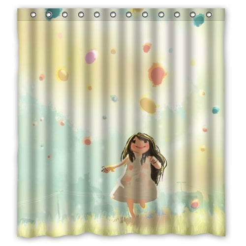 EREHome Watercolor Raindrop Little Girl Shower Curtain Polyester Fabric Bathroom Decorative Curtain Size 66x72 Inches