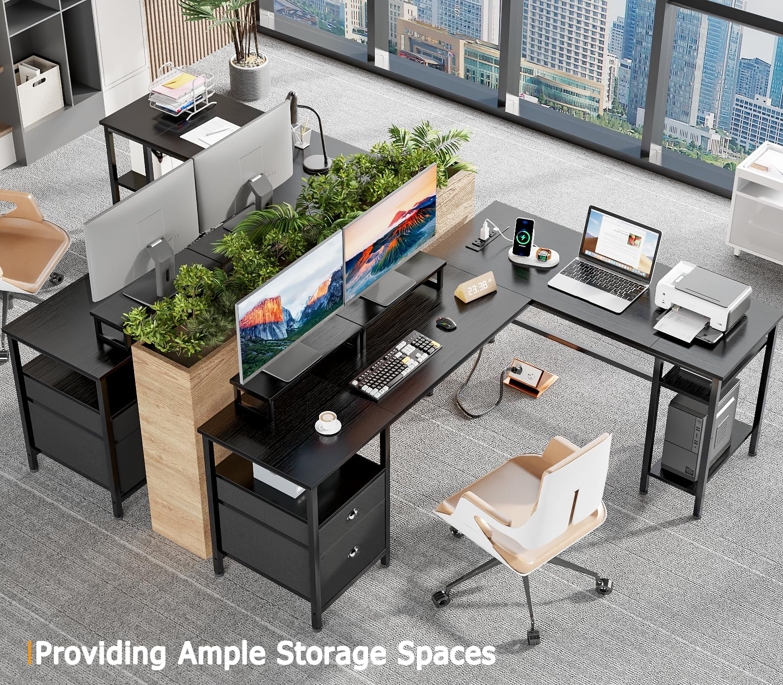 Furologee 66” L Shaped Desk with Power Outlet, Reversible Computer Gaming Desk with File Drawer & 2 Monitor Stands for Home Office with Storage Shelves, Black