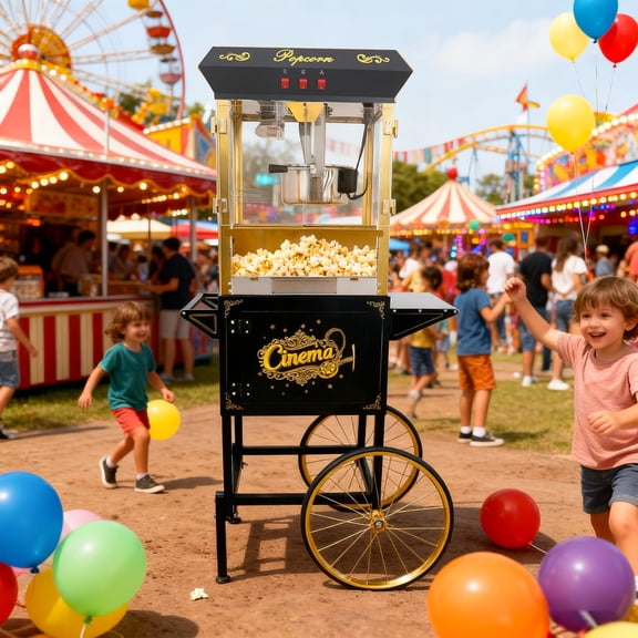 Upgraded 16oz Commercial Popcorn Machine with Cart, 850W Large Vintage Popcorn Maker for 15-20 People, Pop Corn Machine Makes Up to 80 Cups for Home Party (Black)