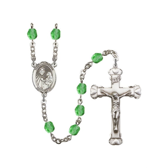 St. Margaret Mary Alacoque Silver-Plated Rosary 6mm August Green Fire Polished Beads Crucifix Size 1 5/8 x 1 medal charm
