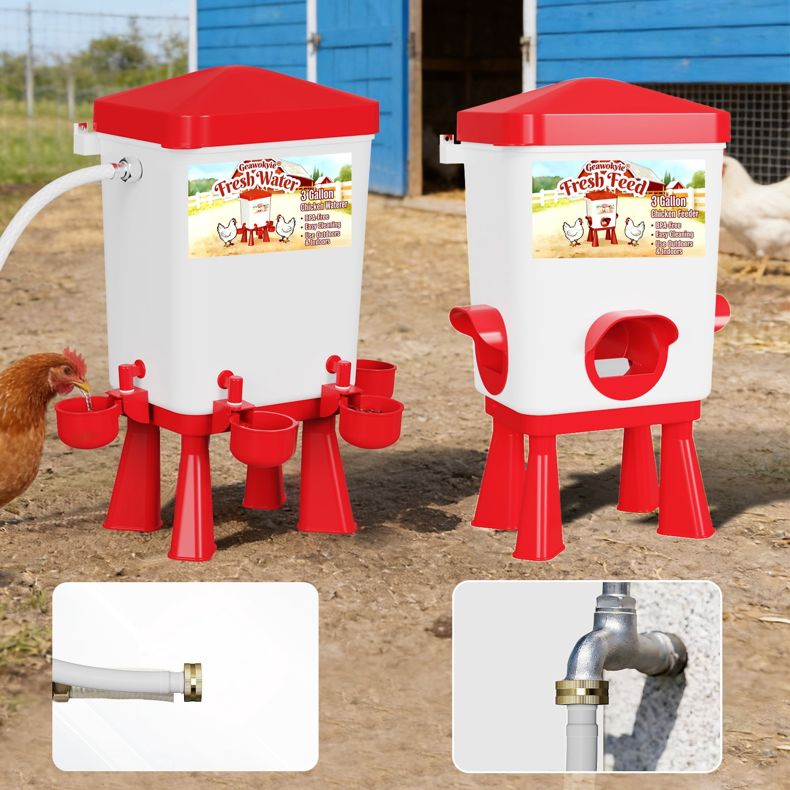 Chicken Feeder and Waterer Set - Automatic Float Valve Waterer with Built-in Filter,  Poultry Feeding & Watering Equipment for Chickens, Ducks, Geese, Chicken Coop Accessories(Red)