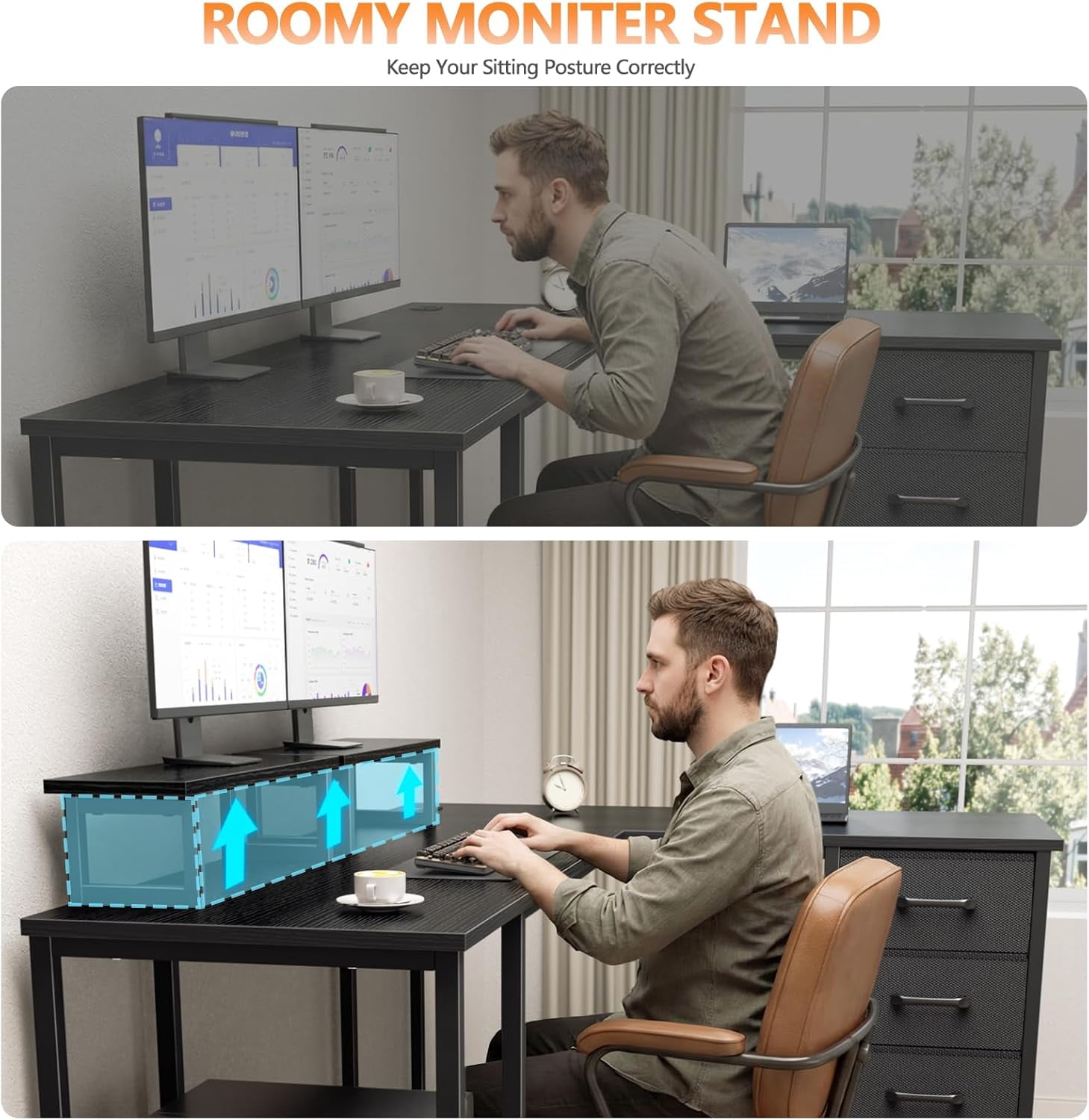 FeGeMax 59 inch L Shaped Computer Desk with Power Outlets, Home Office Desk with 4 Adjustable Storage Drawers & 2 Monitor Stands, Two Person Gaming Table for Bedroom, Black