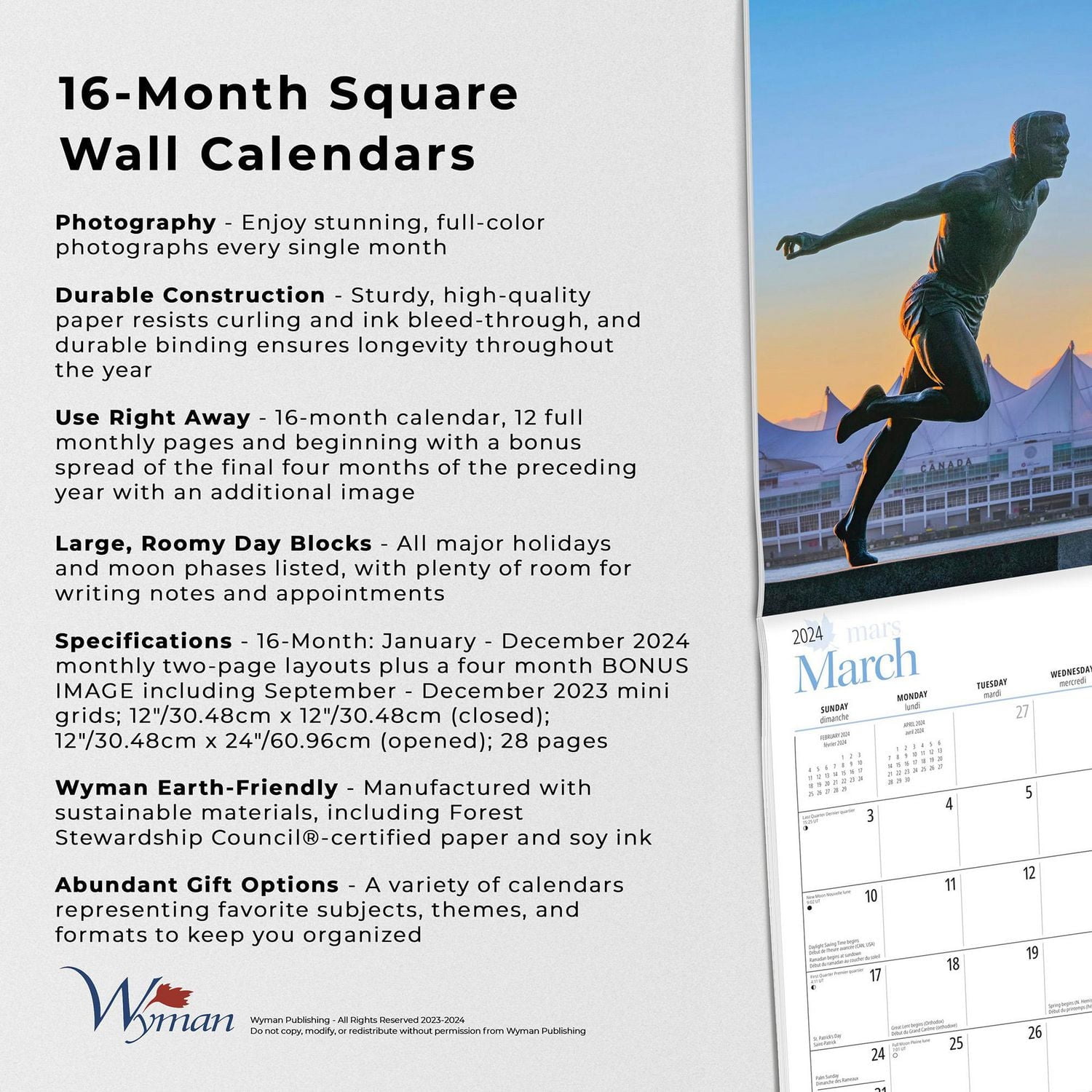 Wyman Publishing Vancouver 2024 30.48x60.96 CM Mur Carré Calendrier, 9781525611681
