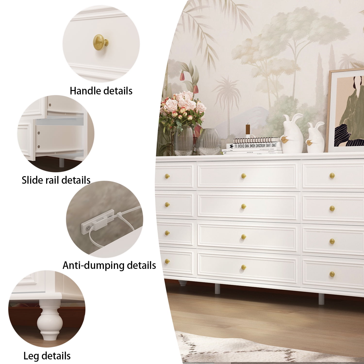MONSLIPA 12 Drawer Dresser, Wooden Chest of Drawer for Living Room Bedroom , White