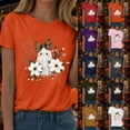 thumbnail image 5 of felwors Halloween women's shirt 2025 cute ghost cotton shirt autumn pumpkin T-shirt round neck pattern T-shirt casual short sleeved top Dark Green, S, 5 of 8