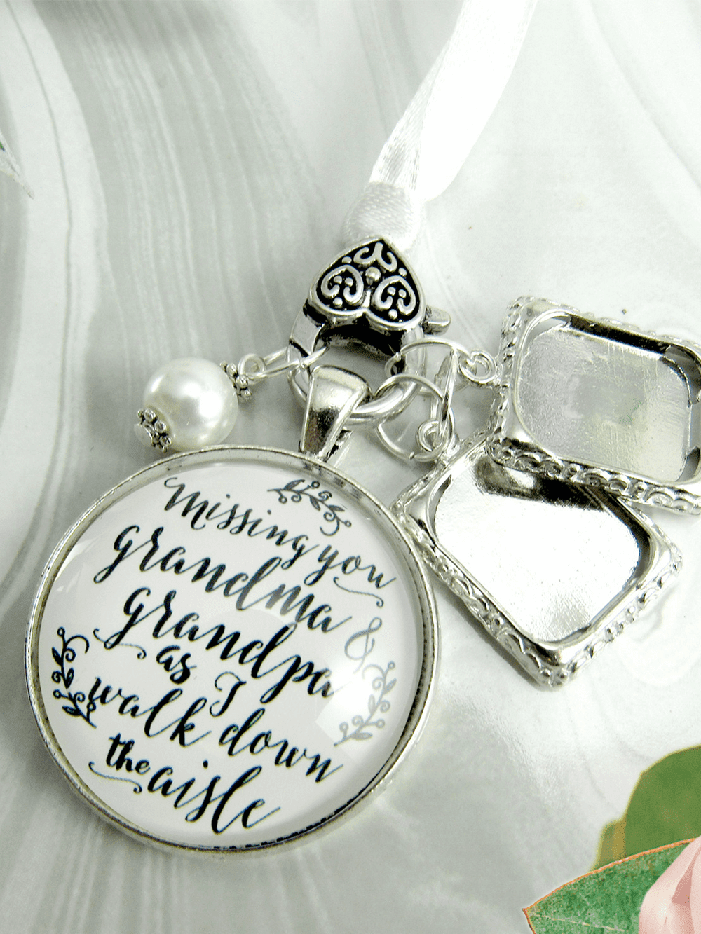Memory Wedding Bouquet Charm Missing You As I Walk Down Aisle Jewelry for  Bride in Remembrance Vintage Bronze White Glass Pendant White Bead 1 Photo  Picture Fra…