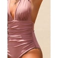 thumbnail image 6 of Cupshe Women's V Neck One Piece Swimsuit Halter Backless Ruched Tummy Control Bathing Suit Dusty Pink, 6 of 7