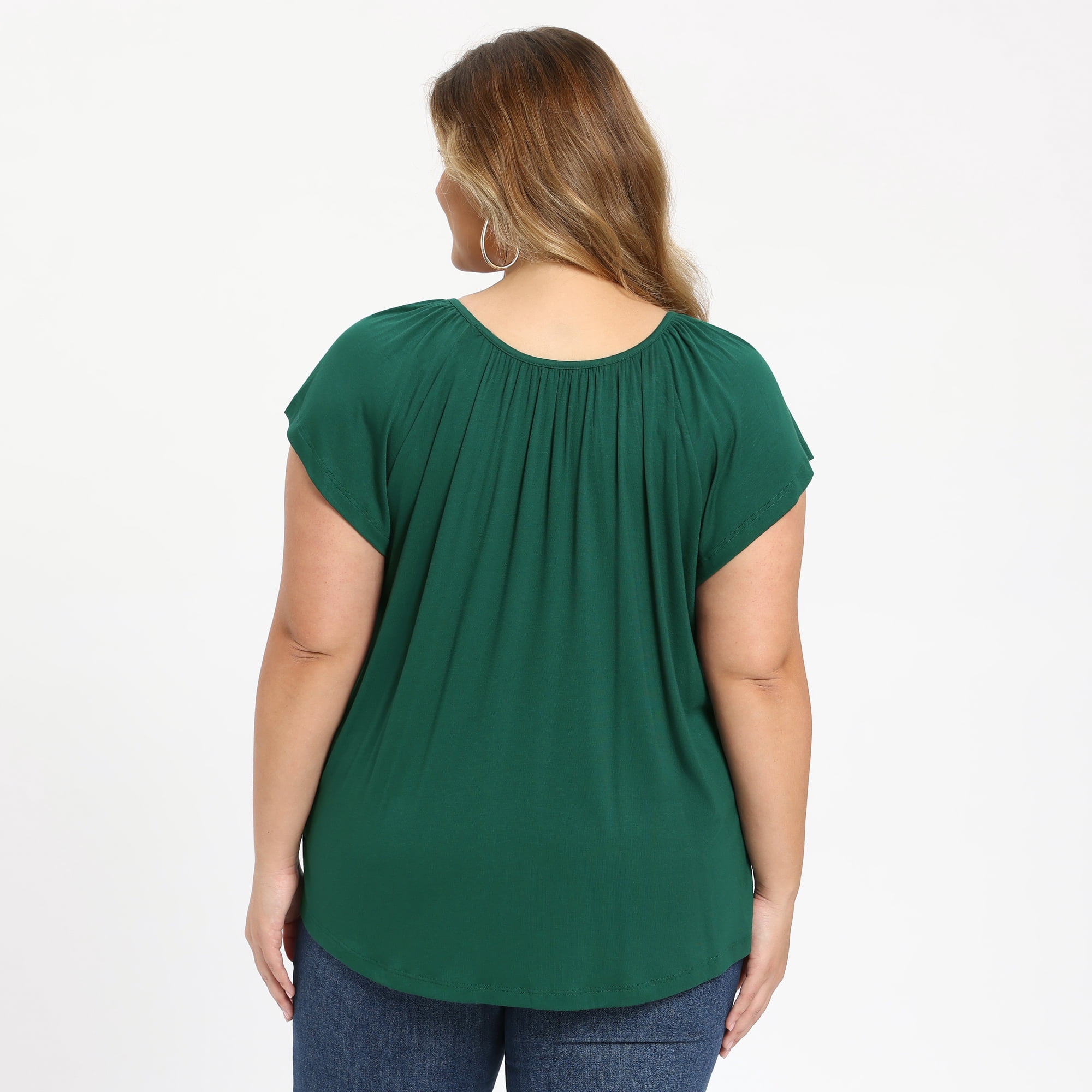 Women's Plus Summer Blouse Pleated Ruffle Sleeve Round Neck Loose Tops 3X Dark Green