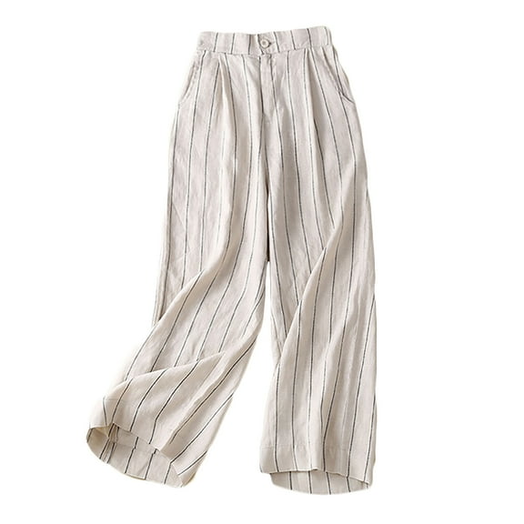 Pants for Women,Wide Leg Pants,Women'S Cotton Linen High Waist Wide Leg Pants Vertical Stripe Loose Straight Cropped Pants,Womens Linen Pants
