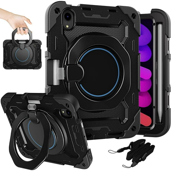 Timoom for 2021 iPad Mini 6 Case Cover 8.3 inch 6th Generation, 3-Layer Shockproof Case with 360 Rotating Kickstand Shoulder Strap Hand Grip Pencil Holder for Mini 6 Model A2567 A2568 A2569