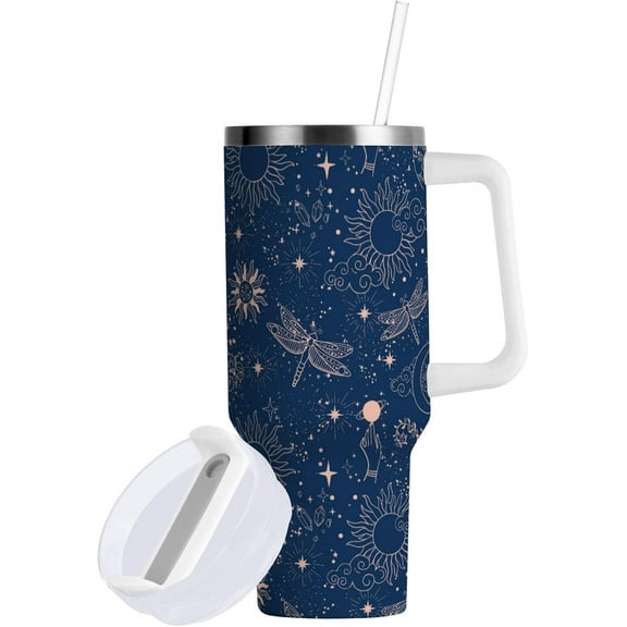 Blue Boho Tumbler Handle Lid and Straw Moon Sun Stars Water Bottle Stainless Steel Coffee Travel Tumbler Mug Cup Gifts for Men Women 30oz