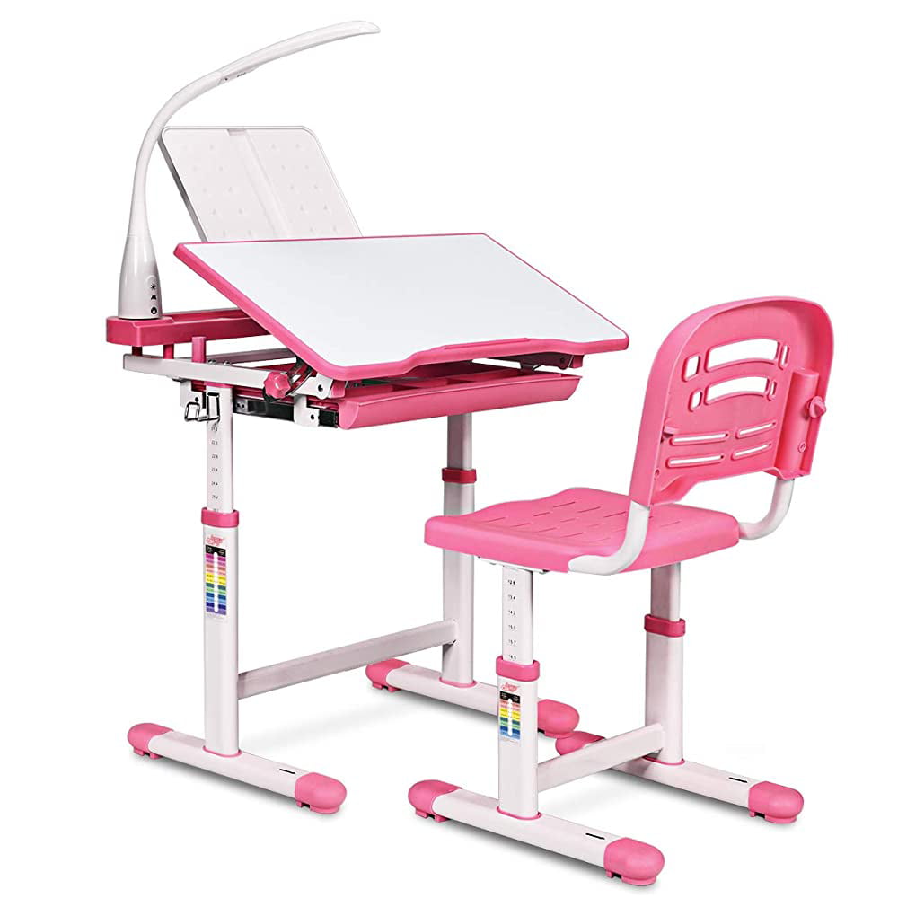 Liraly Kids Desk and Chair Set Adjustable Combined Study Table Multifunctional School Students Writing Drawing Desk w//Lamp