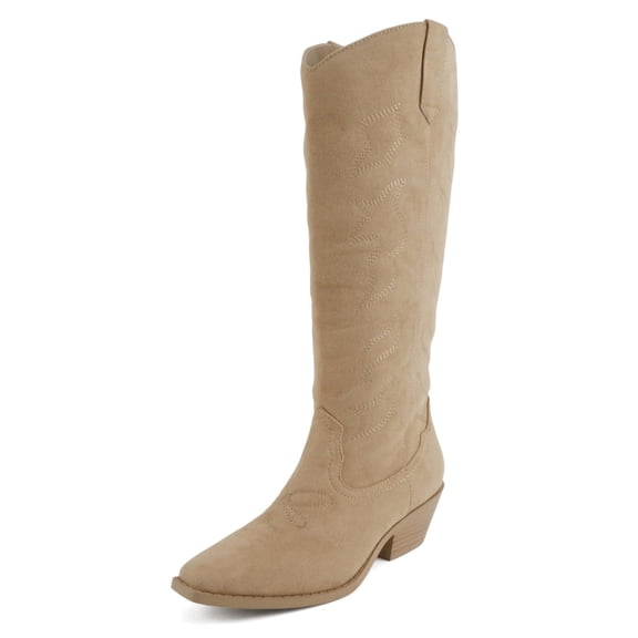 Soda Women Knee High Cowboy Boots Western Embroidered Pointed Toe Block Heel Fashion Cowgirl Boots ZAHARA Beige Camel Suede 11