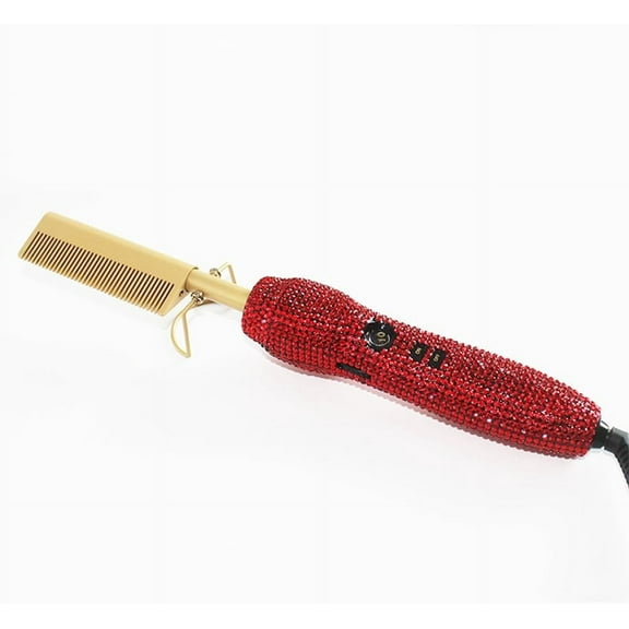Diamond Electric Hair Hot Comb,Bling Hot Comb Electric for Wigs,Crystal Hair Straightener Brush Red New packing