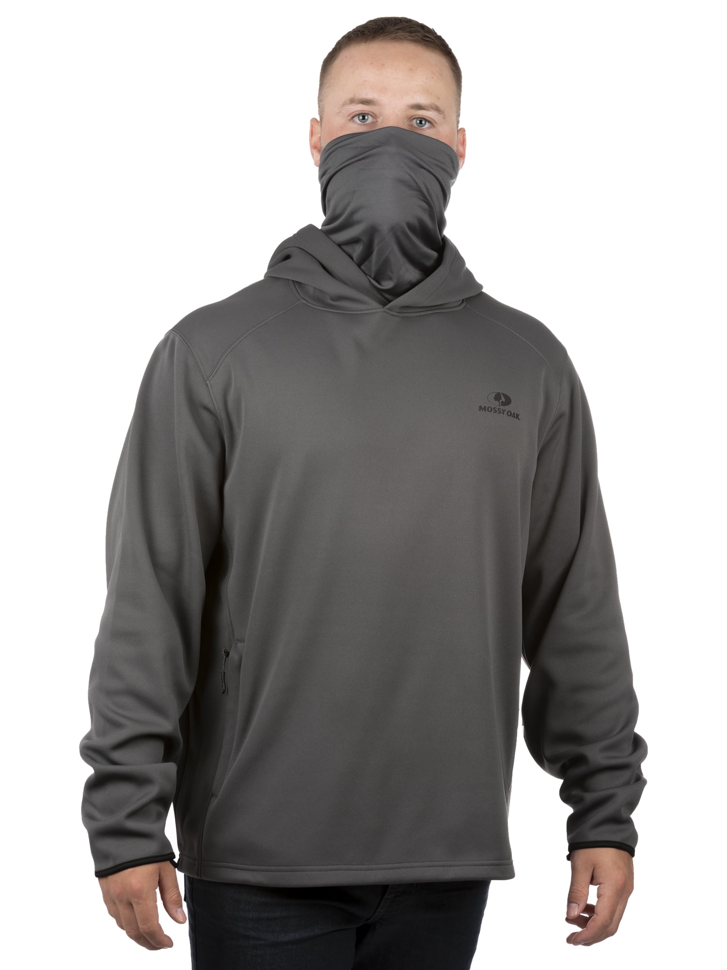 Mossy Oak Men's Charcoal Pullover Tech Hoodie with Neck Gaiter, Up to 2XL