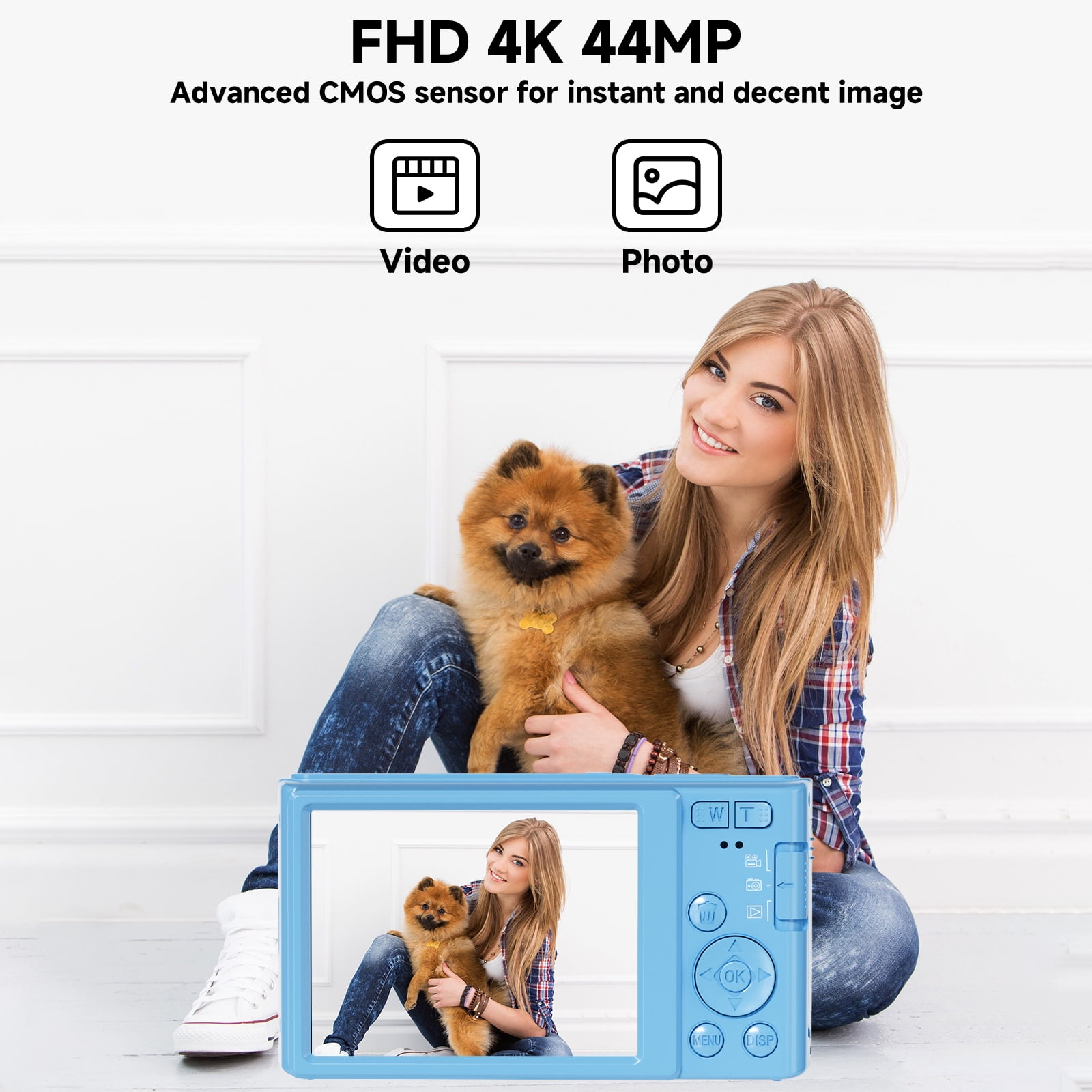 KEEPBERRY 4K Compact Digital Camera,Auto Focus 16x Zoom, 64GB TFCard, Lightweight, Blue, for Teens