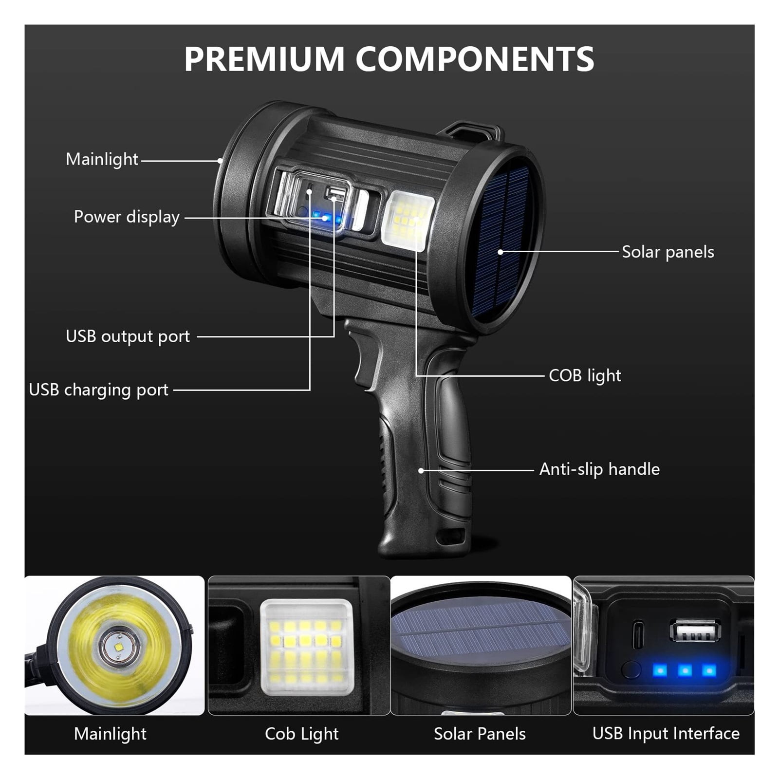 Rechargeable Spotlight, 1000,000 Lumens Handheld Hunting Flashlight Led Spot Light with Cob Light and Solar Panels, Lightweight and Super Bright Spotlight for Hunting Boating Camping
