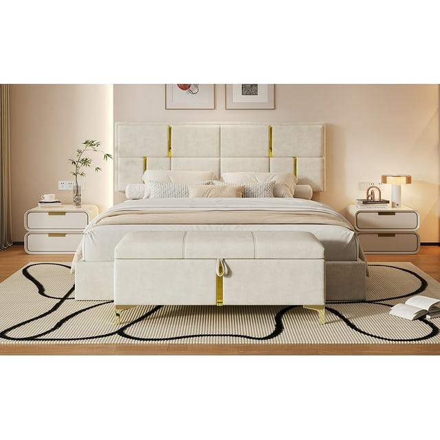 Ensembles de Chambre 2 Pcs, Lit Plateforme Grand Rembourré avec Système de Rangement Hydraulique, Pouf de Rangement avec Pattes en Métal, Beige