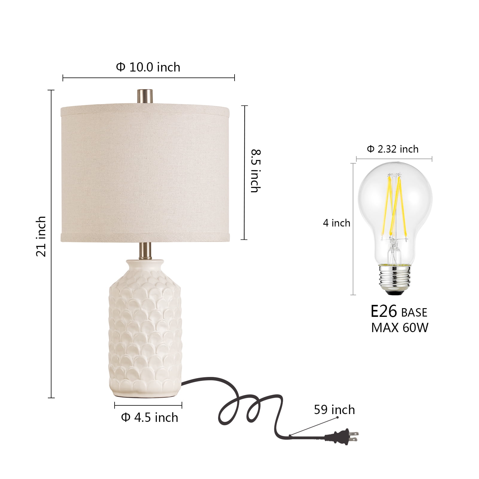 RORIA 21” Ceramic Table Lamps Set of 2,Modern White Bedside Lamps,Suitable for the Living Room or Bedroom Nightstands (Bulbs Included)