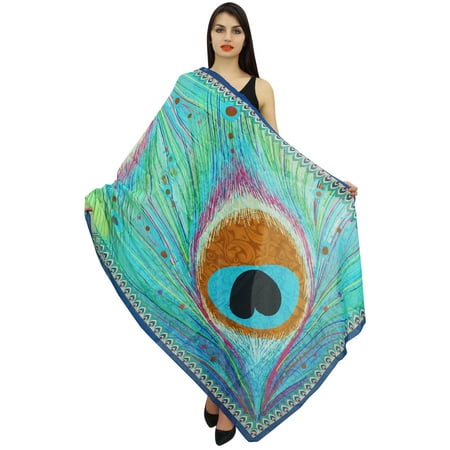 Phagun Long Scarf Wrap Peacock Feather Sarong Women Summer Blue Scarves-Inches-Cotton Voile
