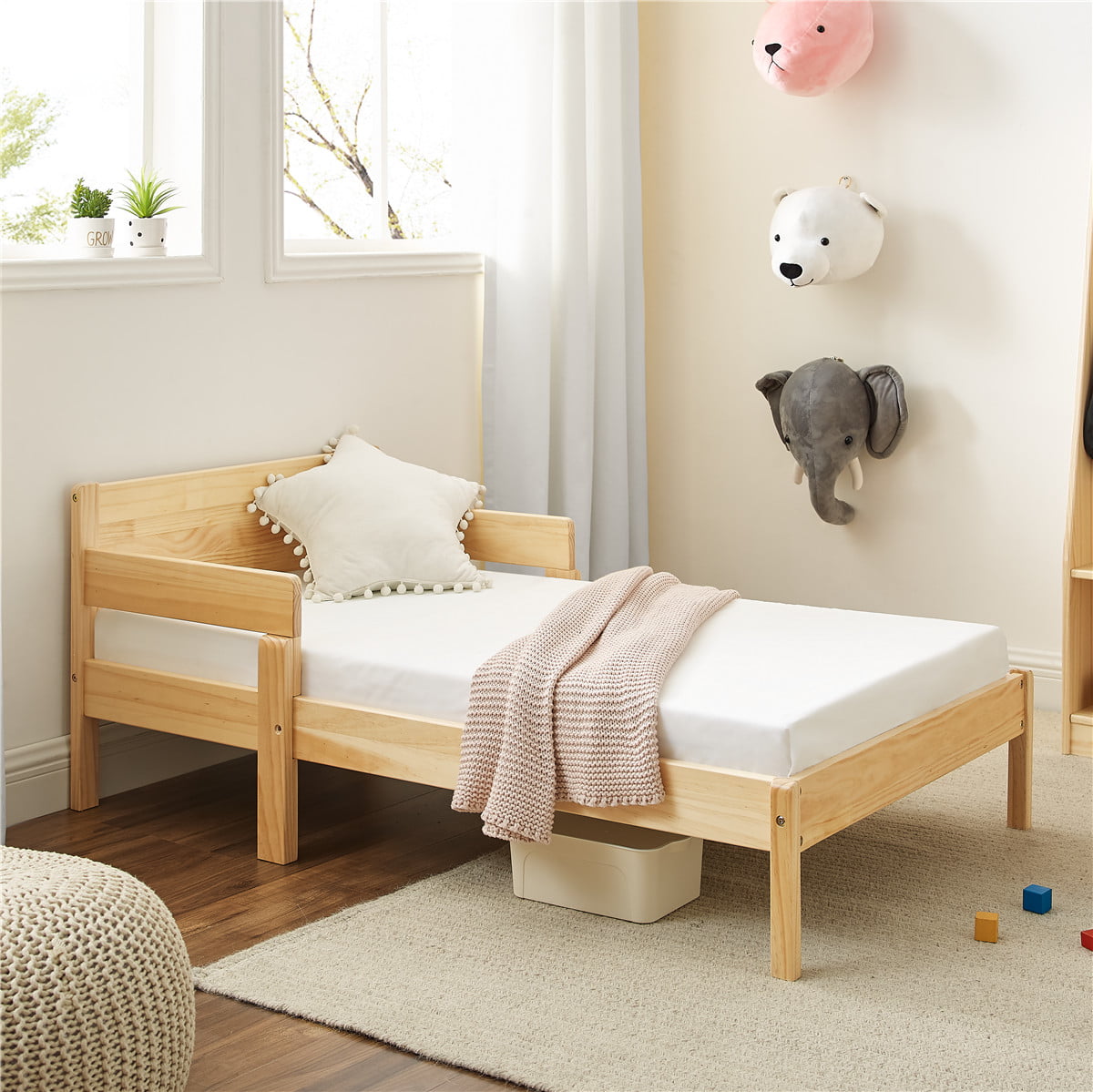MUSEHOMEINC 2 in 1 Convertible Toddler Bed,Multifunctional Solid Wood Kids Bed w/ 2 Side Guardrails Fits Standard Crib Mattress, Children Bed Frame Convert to one Chair/Sofa Mattress not Included 