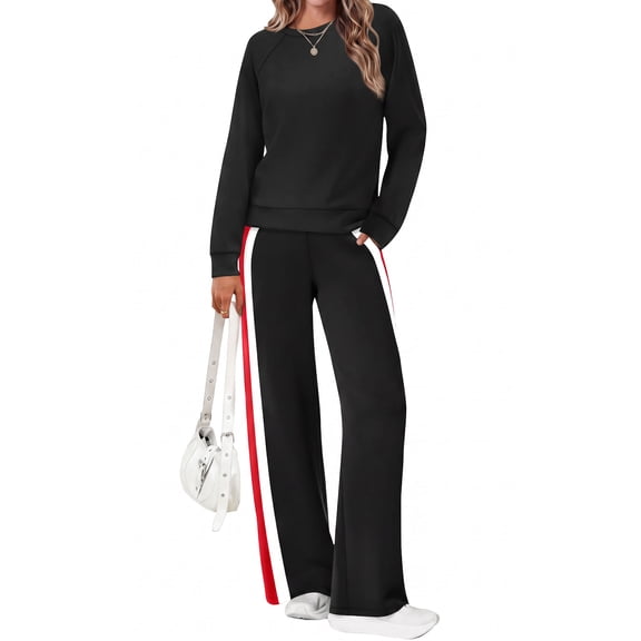 UVN Fall 2 Piece Outfit Set for Women Long Sleeve Top and Color Block Pants Ladies Casual Lounge Matching Set