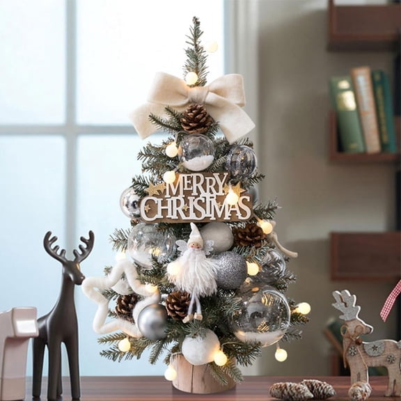 JESTAR 18" DIY Mini Christmas Tree Set Silver White Tabletop Xmas Tree with LED Lights