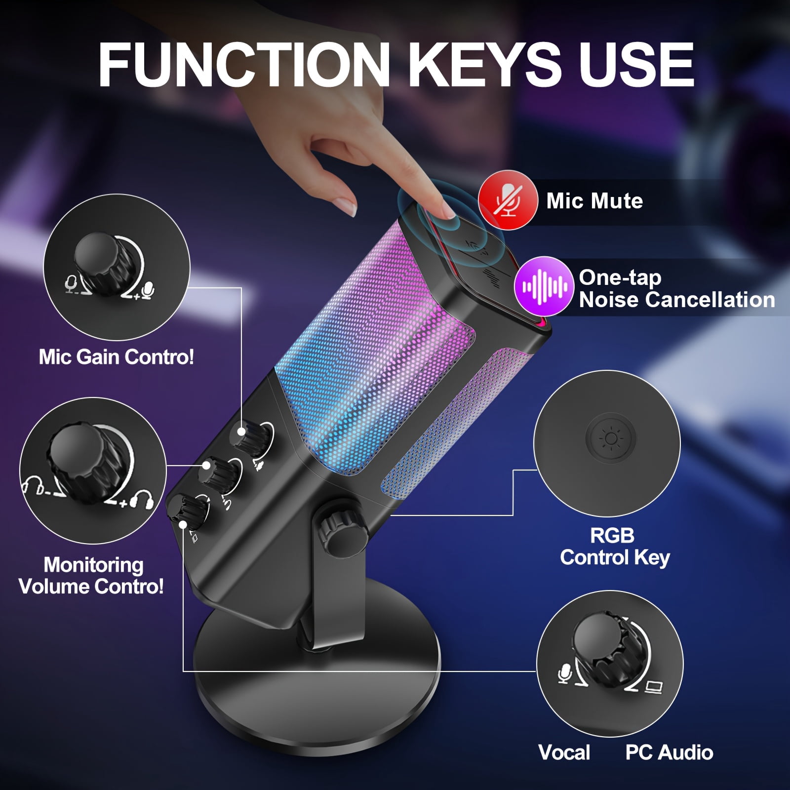 RGB Gaming Microphone with AI Noise Cancellation, USB Type C Studio Condenser Mic for Streaming, Discord, Podcast, PC/PS5/Mac, Game Voice Balance & Monitoring