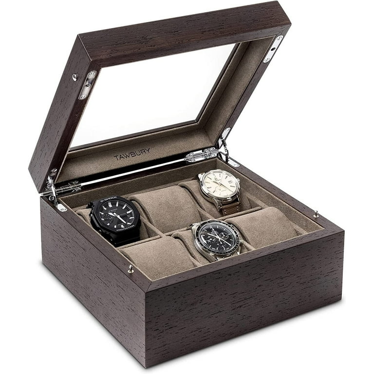 TAWBURY Wood Luxury Watch Box Organizer for Men 6 Watch Glass LID Display Case